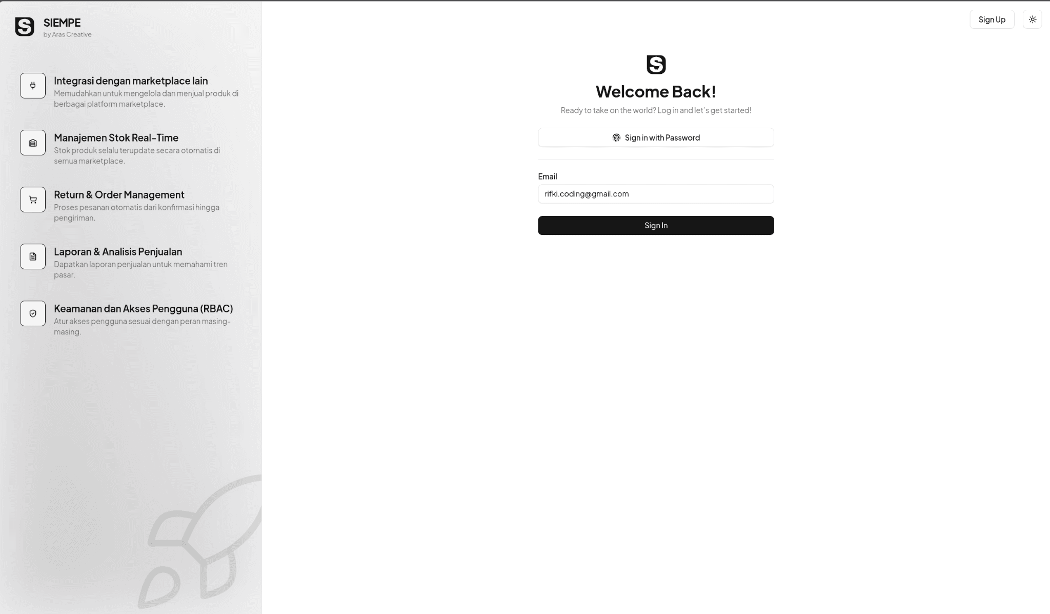 SIEMPE sign-in interface alongside a summary of marketplace management features